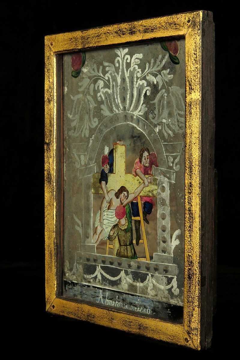 Rare Et Ancien Fixé Sous Verre, Peinture Inversée Vers 1850.-photo-6