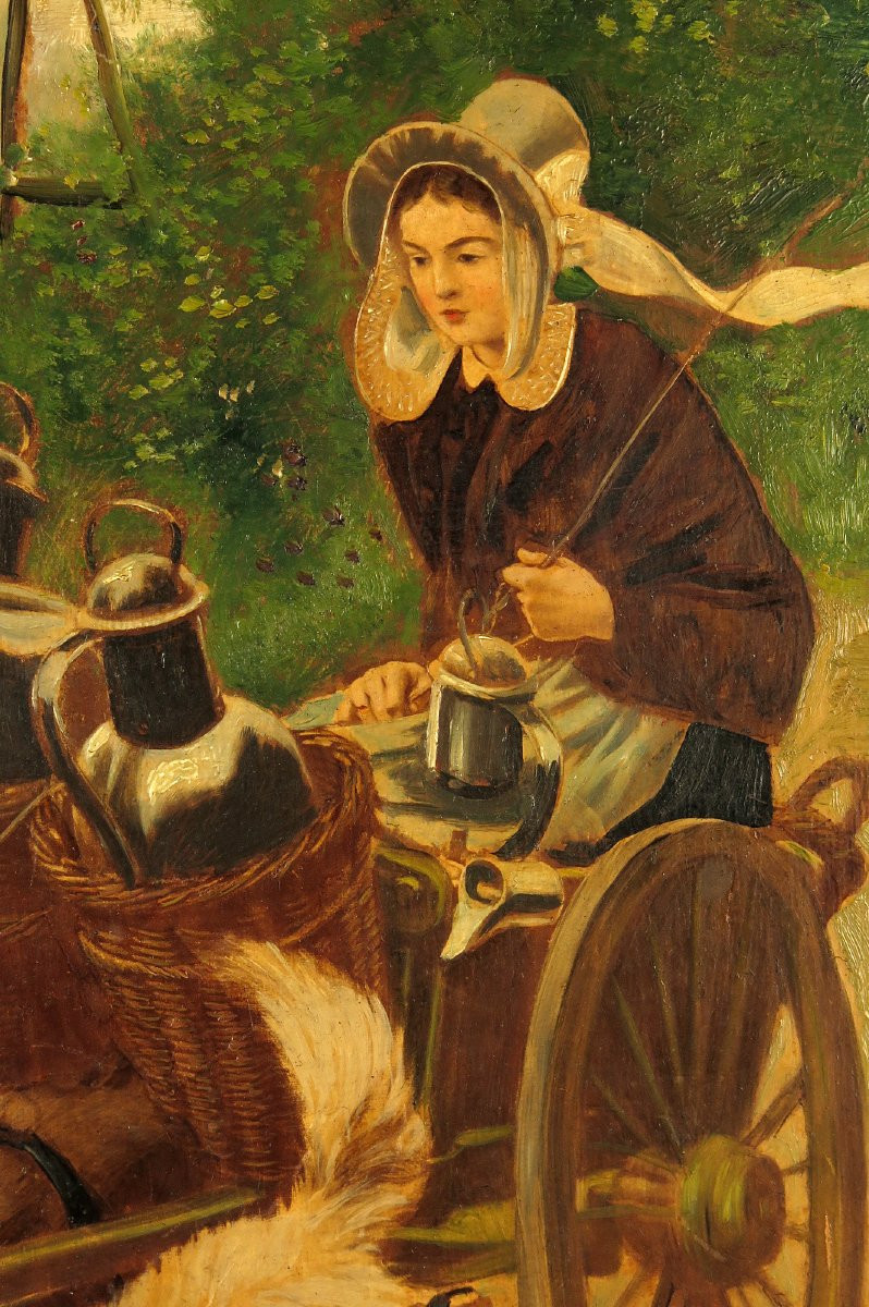 étonnante Peinture à l'Huile Sur Panneau En Bois, Vers 1900 / Femme Et Chiens-photo-4
