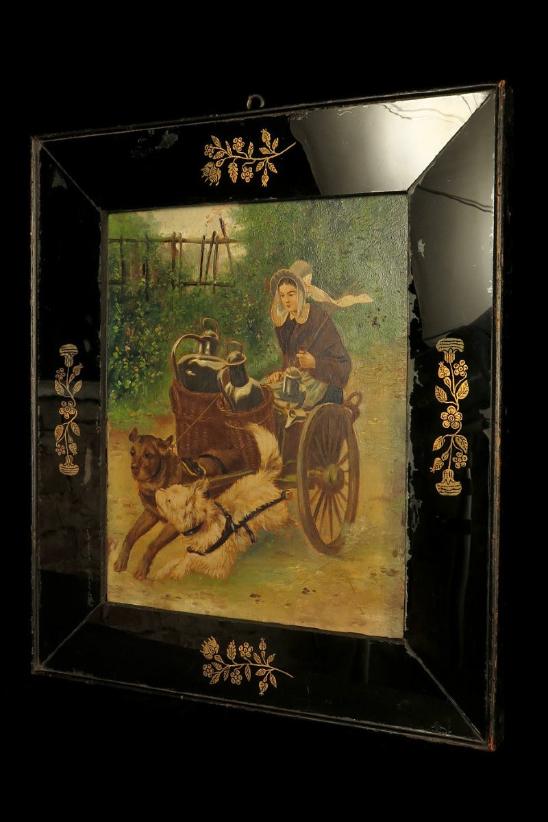 étonnante Peinture à l'Huile Sur Panneau En Bois, Vers 1900 / Femme Et Chiens-photo-4