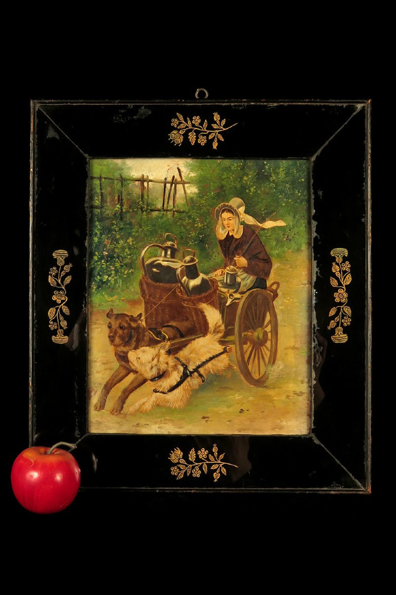 étonnante Peinture à l'Huile Sur Panneau En Bois, Vers 1900 / Femme Et Chiens-photo-8