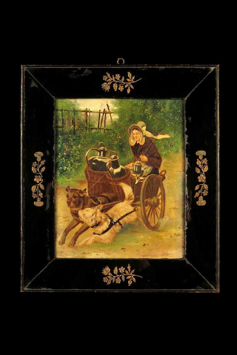 étonnante Peinture à l'Huile Sur Panneau En Bois, Vers 1900 / Femme Et Chiens