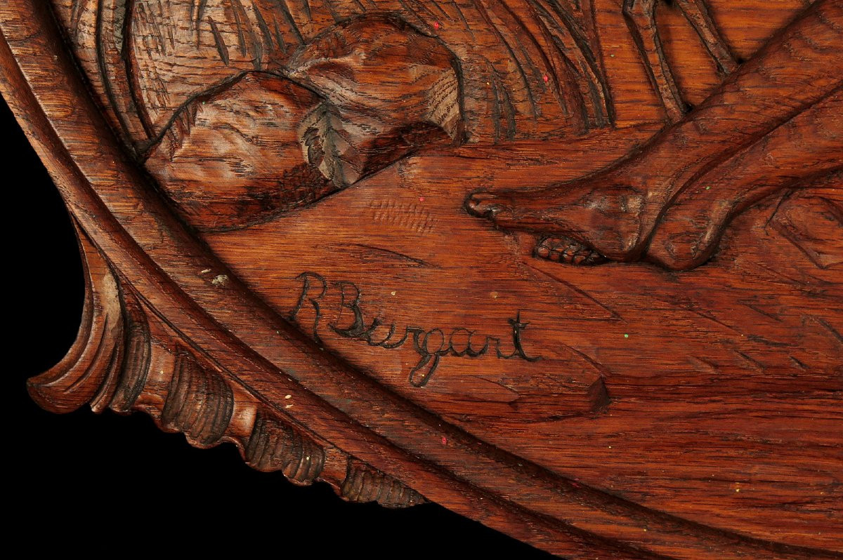 Curious And Ancient Bas-relief In Carved Oak C.1900 / Woman With Bare Breasts And Dog Art Nouveau-photo-4