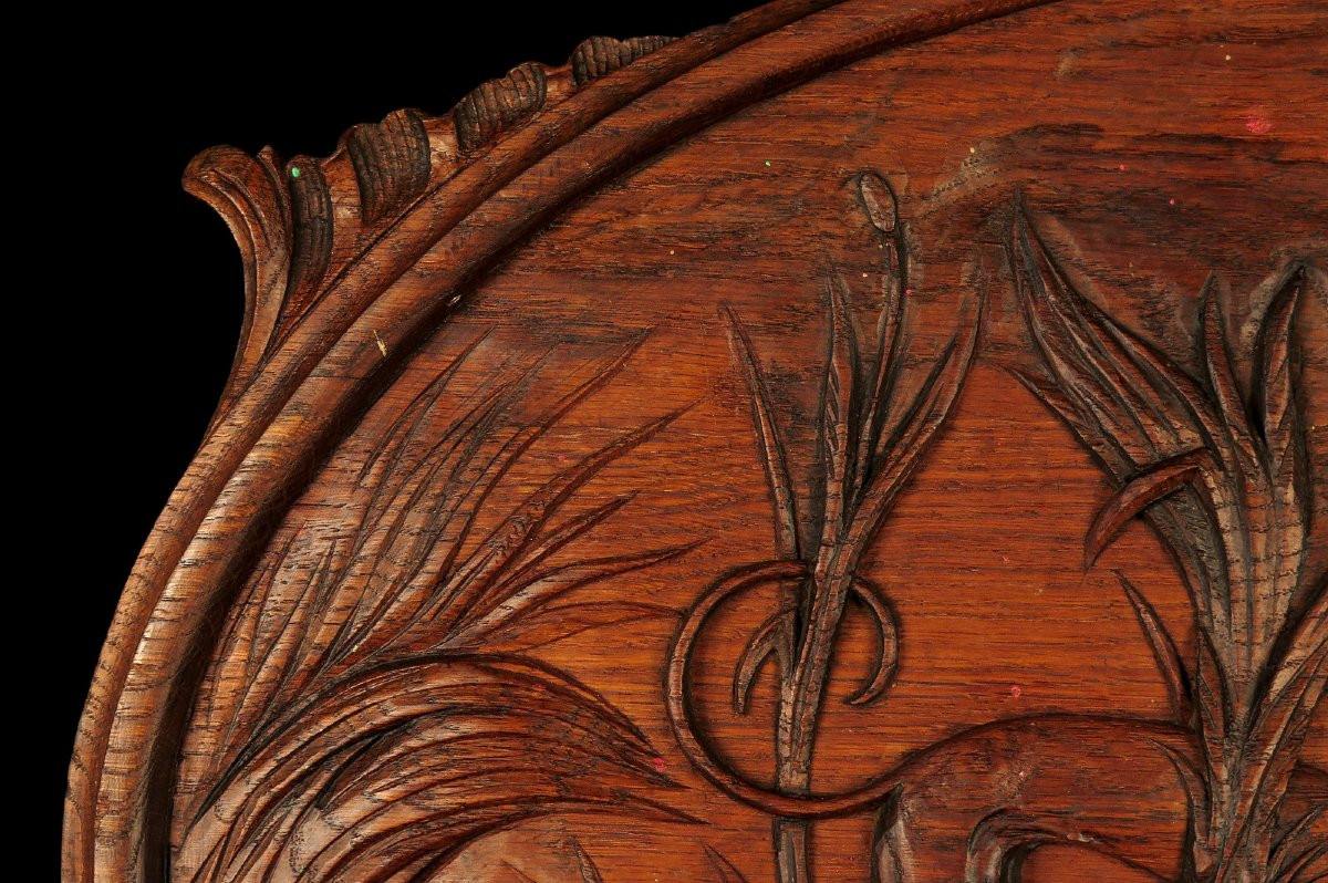 Curious And Ancient Bas-relief In Carved Oak C.1900 / Woman With Bare Breasts And Dog Art Nouveau-photo-3
