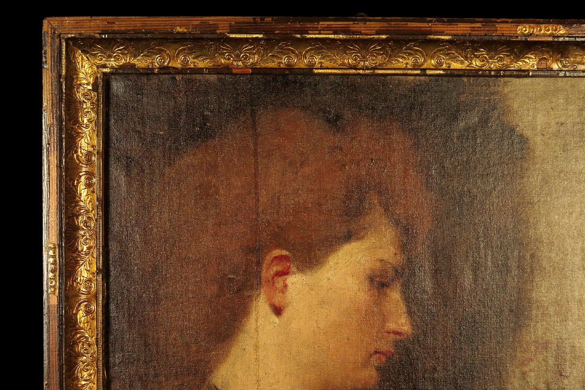Ancien vestige de portrait d'une jeune femme, peinture à l'huile sur toile c.1880 / Seebach ?-photo-2
