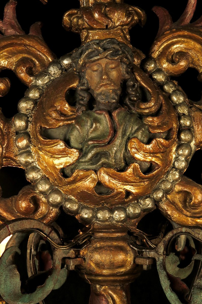 Imposing And Ancient Crucifix, Altar Candelabra Circa 1800 / Carved Wood Wrought Iron-photo-6
