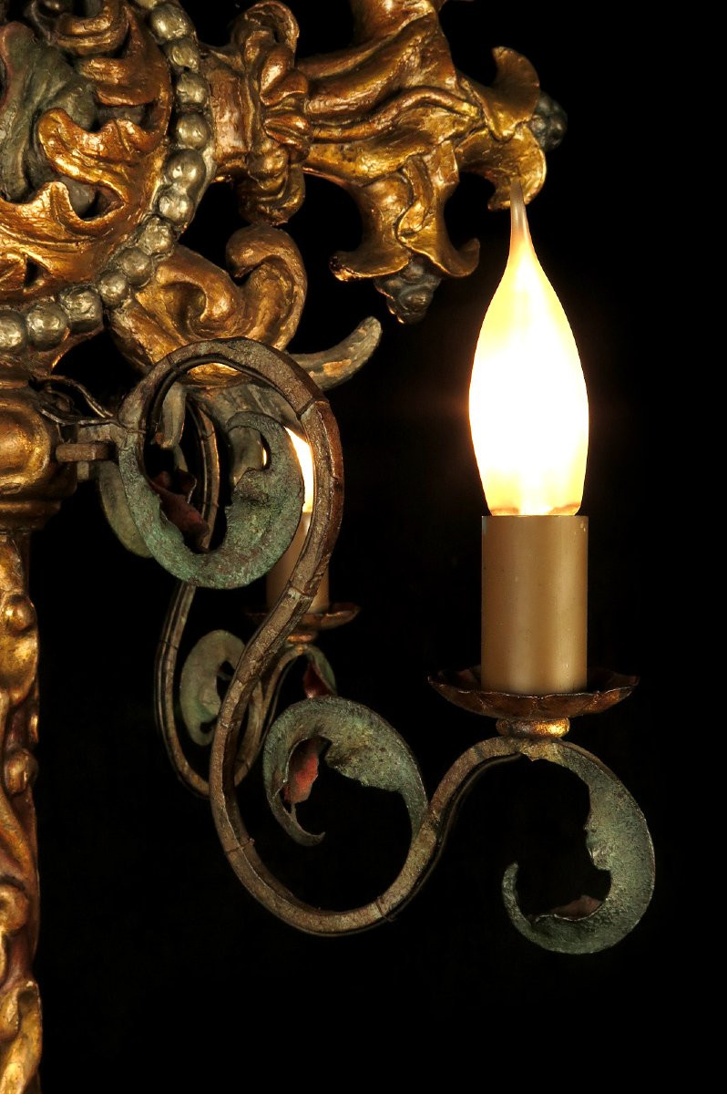 Imposing And Ancient Crucifix, Altar Candelabra Circa 1800 / Carved Wood Wrought Iron-photo-7