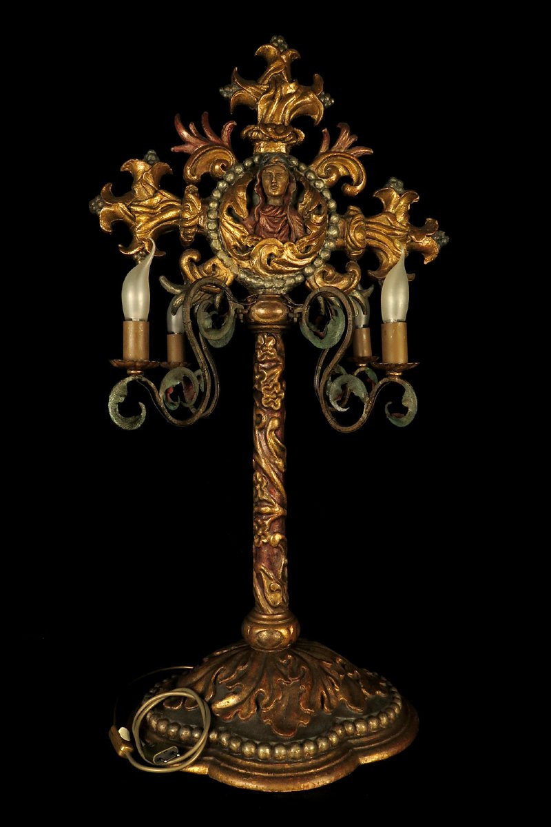 Imposing And Ancient Crucifix, Altar Candelabra Circa 1800 / Carved Wood Wrought Iron-photo-8