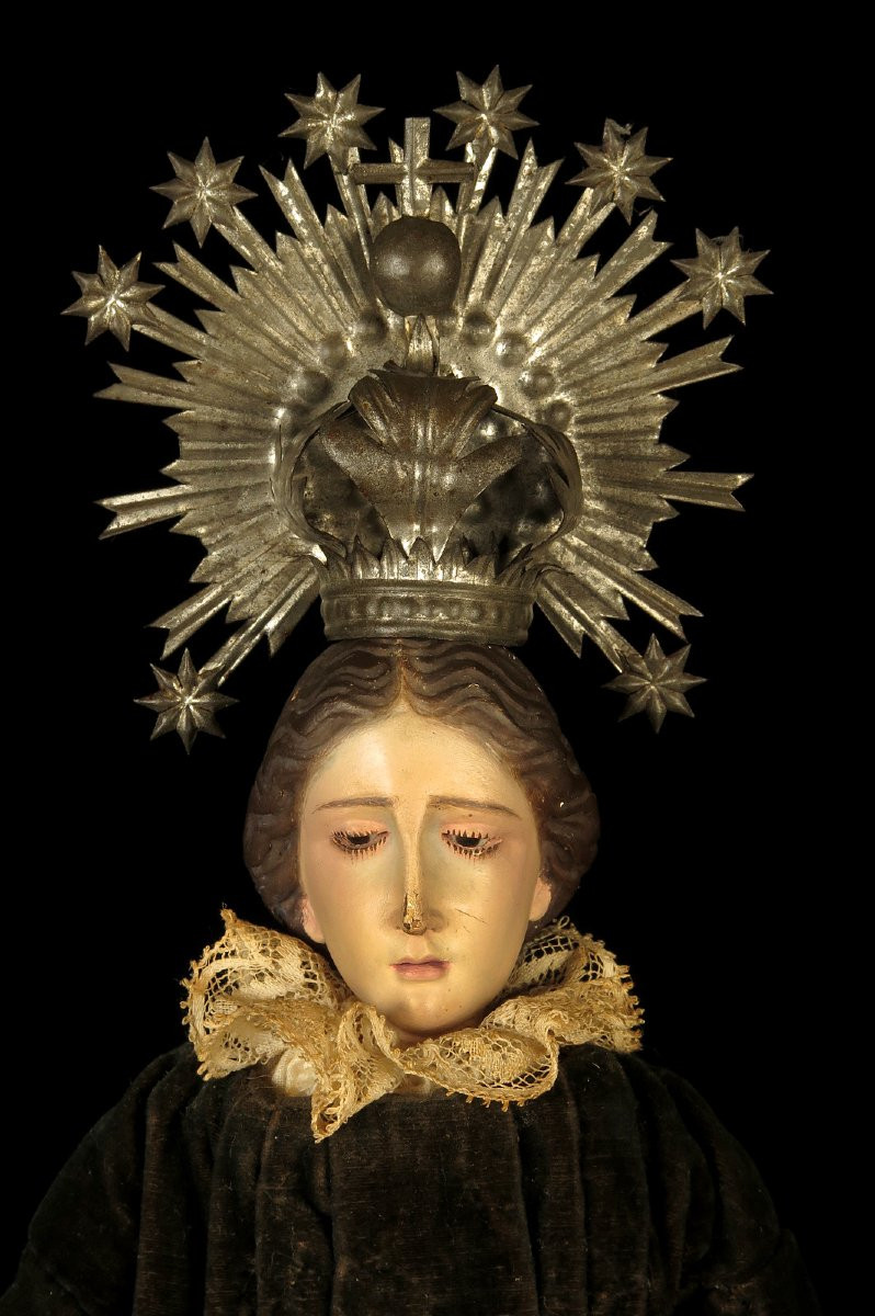 Ancienne Vierge de dévotion, sculpture bois c.1850 / Mater Dolorosa Yeux Sulfure-photo-4