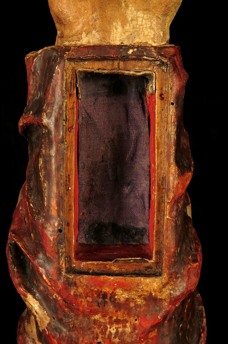 Ancien reliquaire en forme de bras, sculpture en bois polychrome du XVIIIeme siècle-photo-8