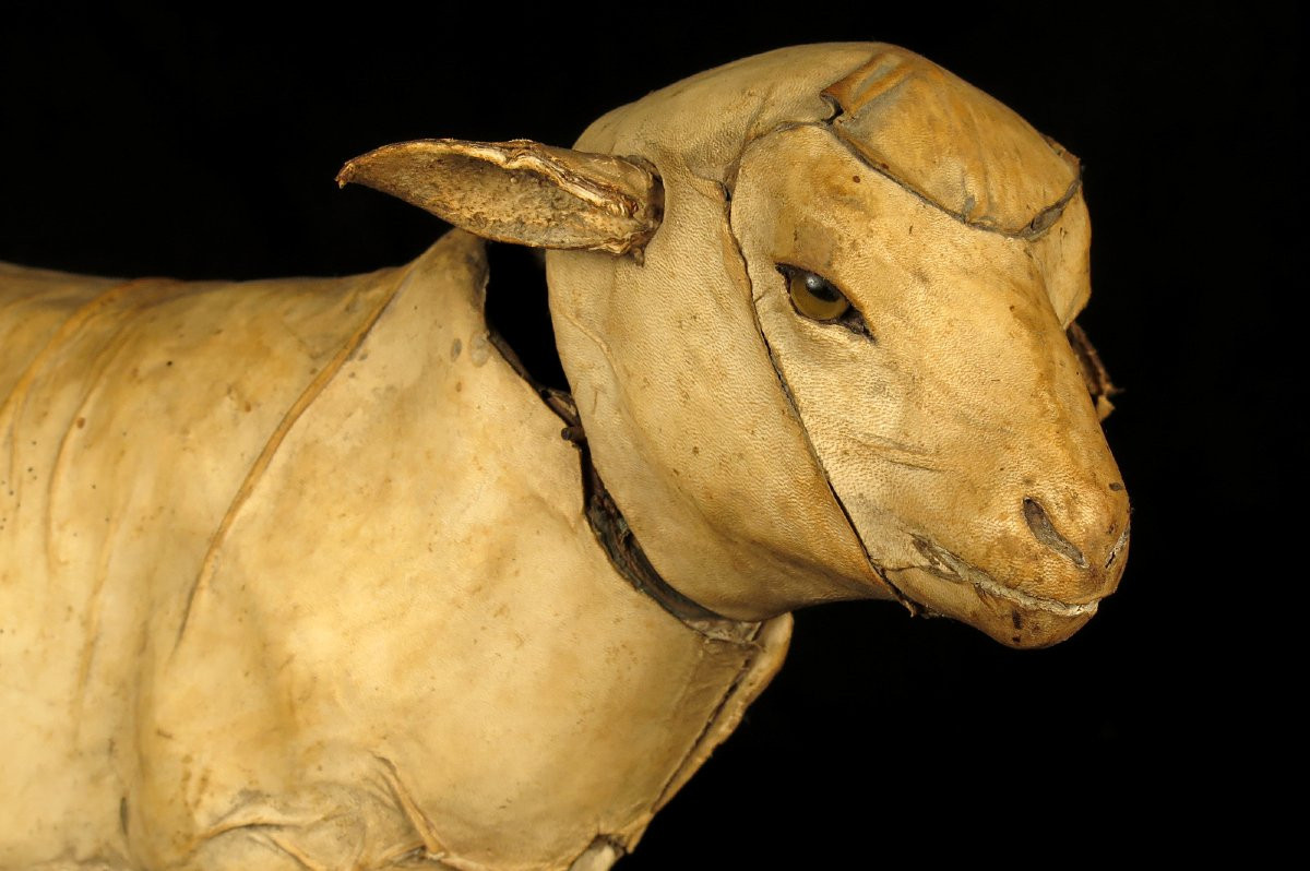 Ancien jouet, mouton ou agneau en carton bouilli vers 1900 / Roullet Decamps Automate-photo-2