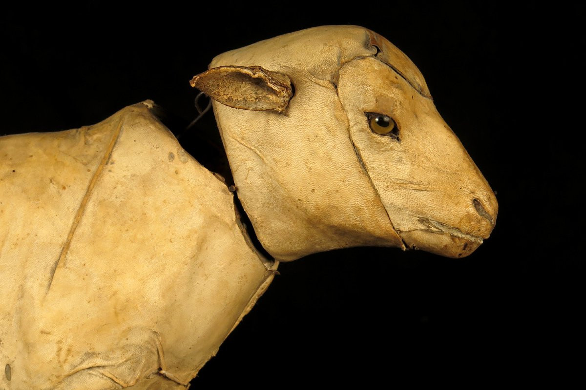 Ancien jouet, mouton ou agneau en carton bouilli vers 1900 / Roullet Decamps Automate-photo-1
