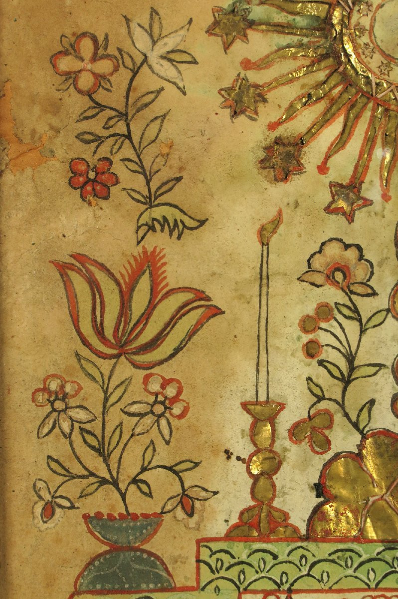 Antique Votive Painting, Alsatian Folk Art Circa 1800 / Painted Paper Cutout-photo-2