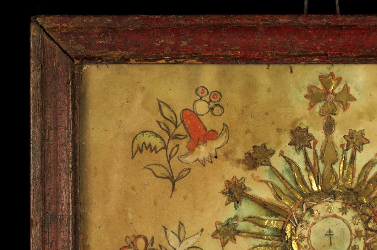 Antique Votive Painting, Alsatian Folk Art Circa 1800 / Painted Paper Cutout-photo-3