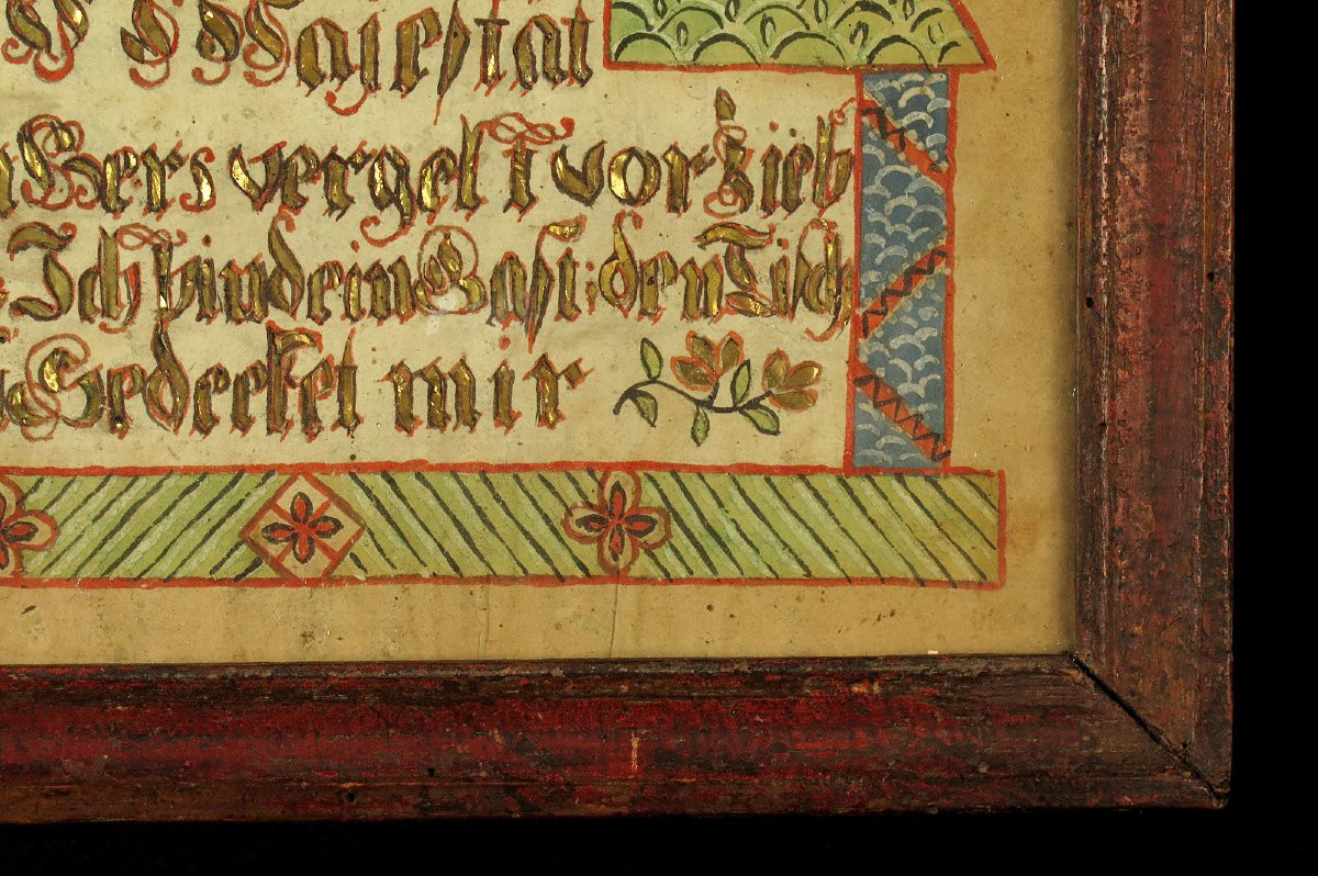 Antique Votive Painting, Alsatian Folk Art Circa 1800 / Painted Paper Cutout-photo-4