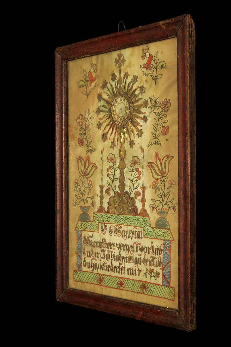 Antique Votive Painting, Alsatian Folk Art Circa 1800 / Painted Paper Cutout-photo-5