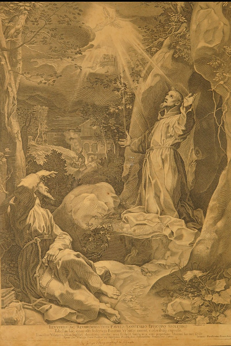 Ancienne gravure 17eme, Stigmatisation de Saint François d'Assise / Religion Devotion-photo-2