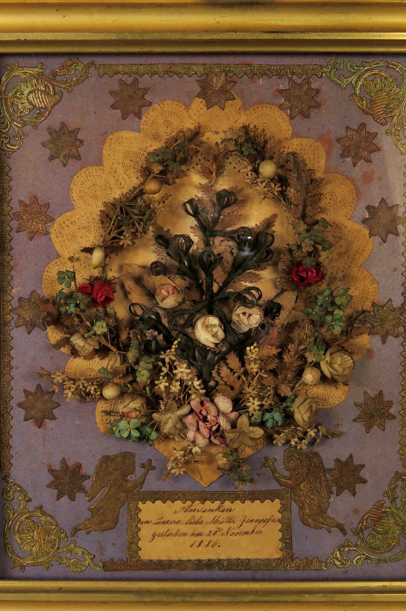 Antique Hair Frame, Folk Art Dated 1884 / Funerary Art, Mortuary Cabinet Of Curiosities-photo-2