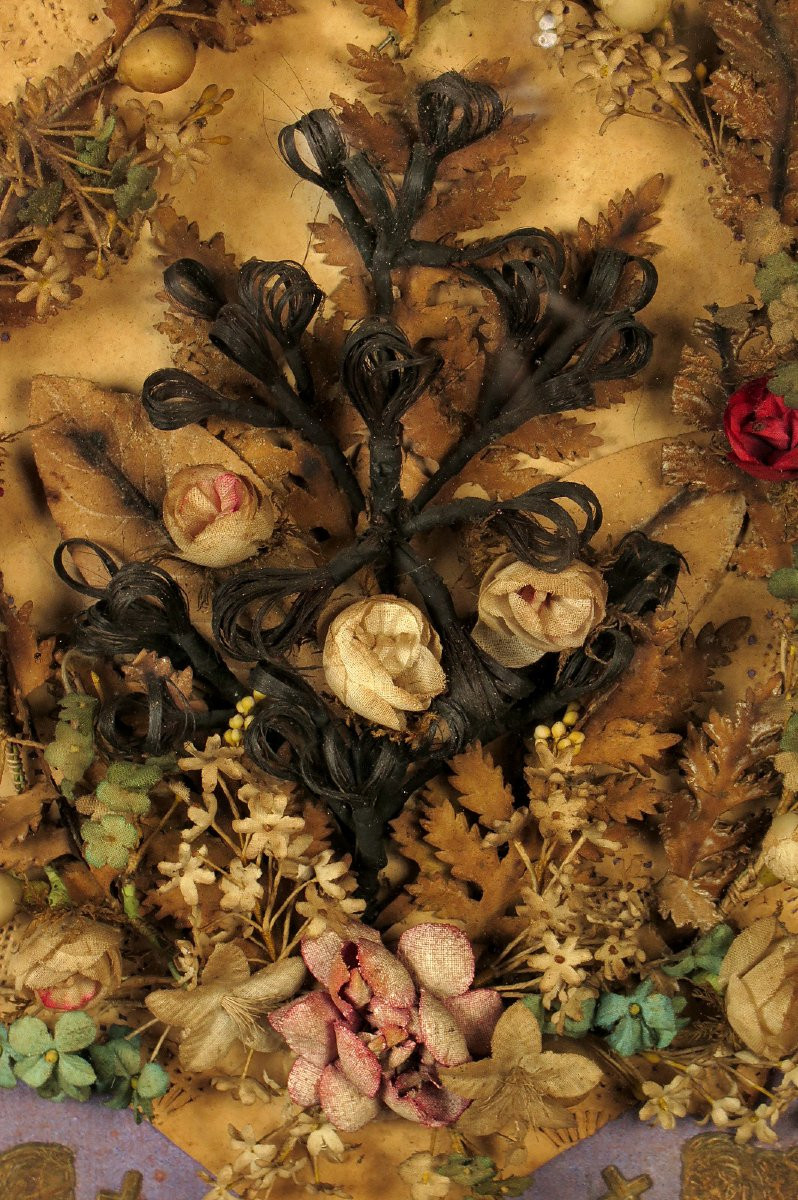 Antique Hair Frame, Folk Art Dated 1884 / Funerary Art, Mortuary Cabinet Of Curiosities-photo-3