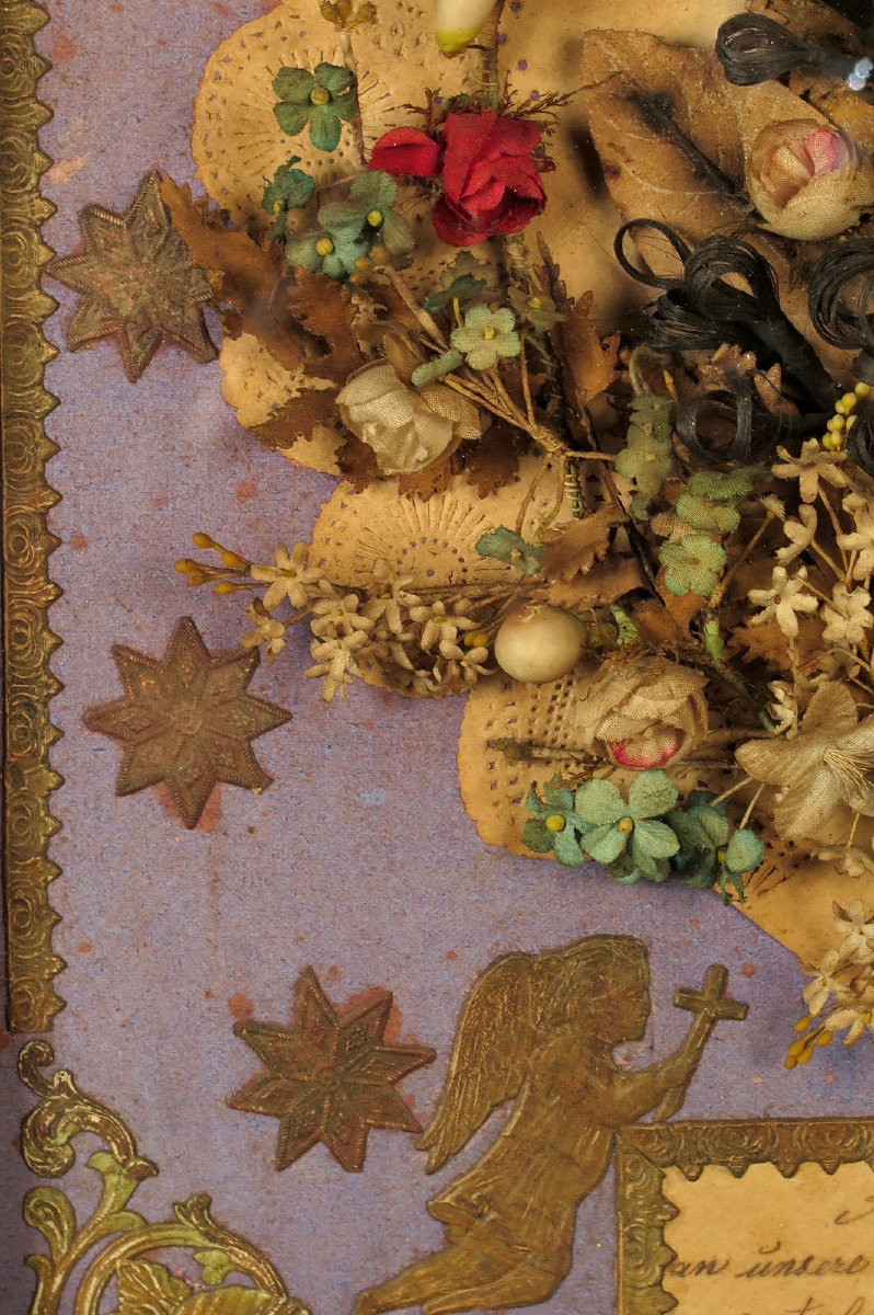 Antique Hair Frame, Folk Art Dated 1884 / Funerary Art, Mortuary Cabinet Of Curiosities-photo-2