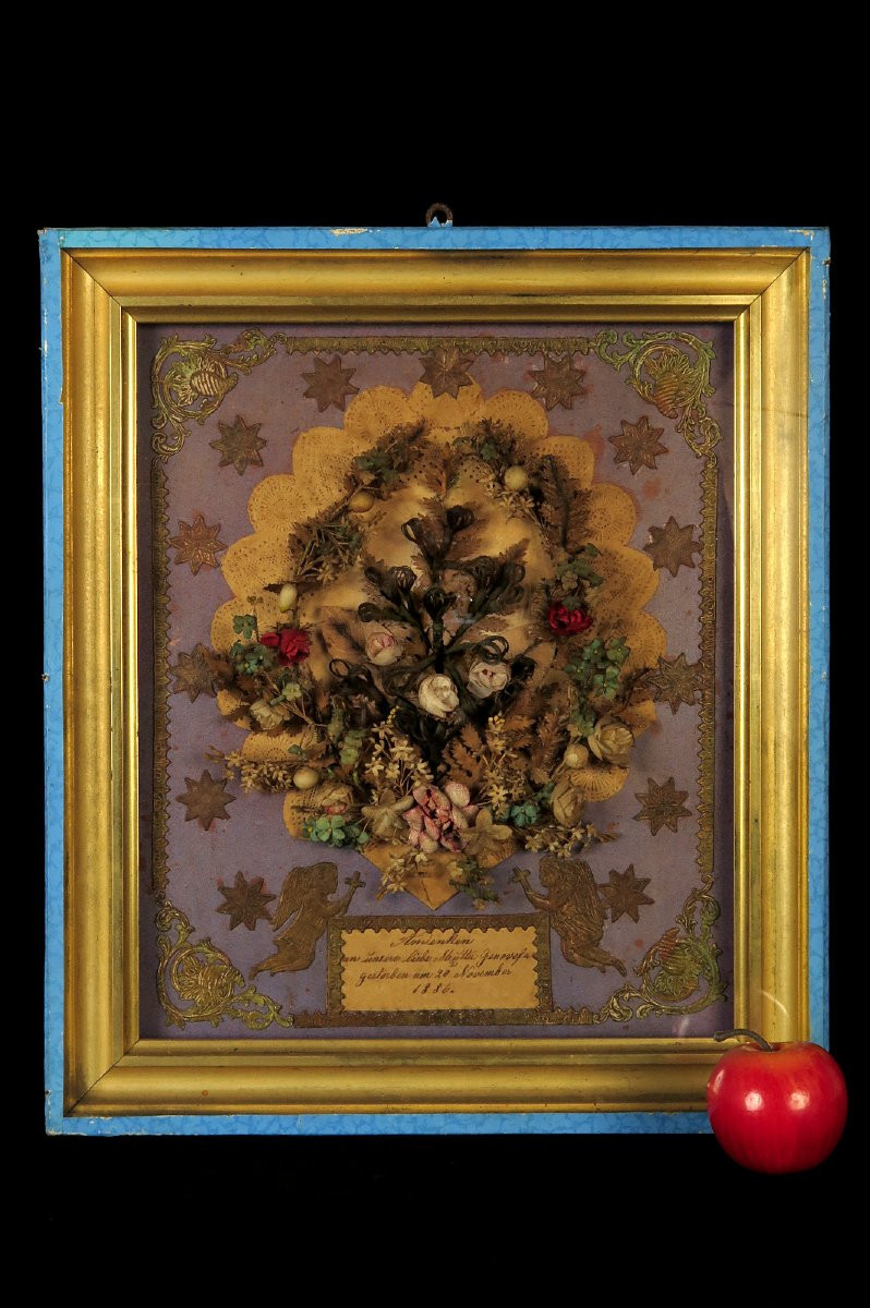 Antique Hair Frame, Folk Art Dated 1884 / Funerary Art, Mortuary Cabinet Of Curiosities-photo-7