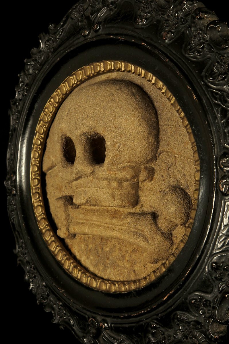 Rare Sandstone Sculpture, Memento Mori Circa 1750 / Skull Funerary Art Cabinet Of Curiosities-photo-3