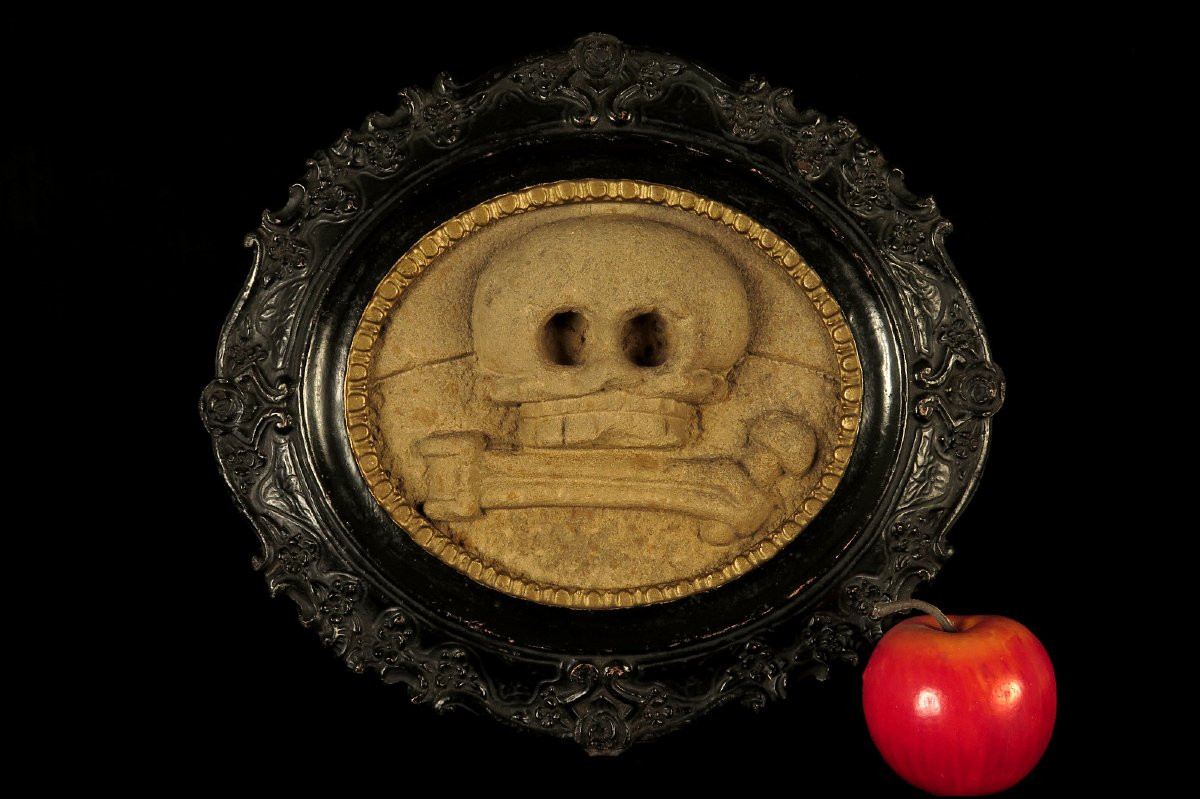 Rare Sandstone Sculpture, Memento Mori Circa 1750 / Skull Funerary Art Cabinet Of Curiosities-photo-5