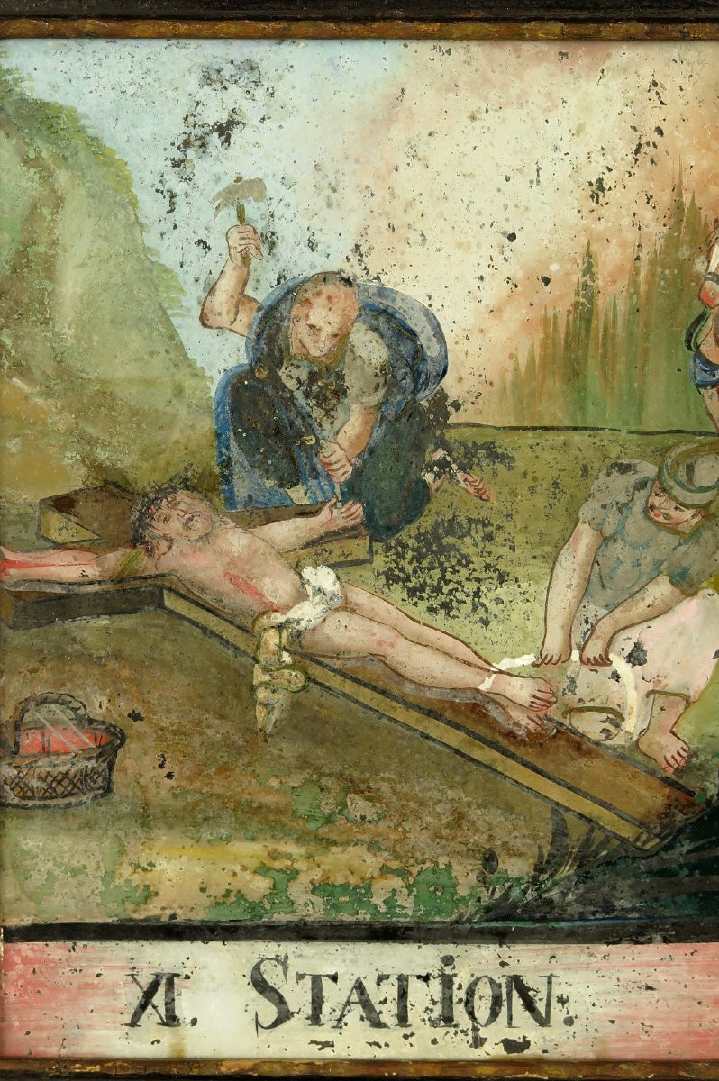 Rare Stations Of The Cross Element, Affixed Around 1800. Painting Under Glass, Crucifixion Of Christ-photo-3