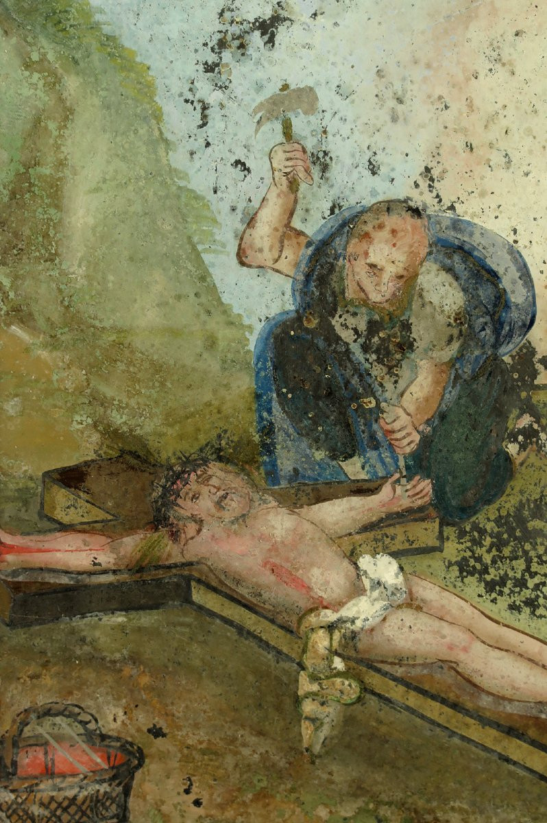 Rare Stations Of The Cross Element, Affixed Around 1800. Painting Under Glass, Crucifixion Of Christ-photo-4