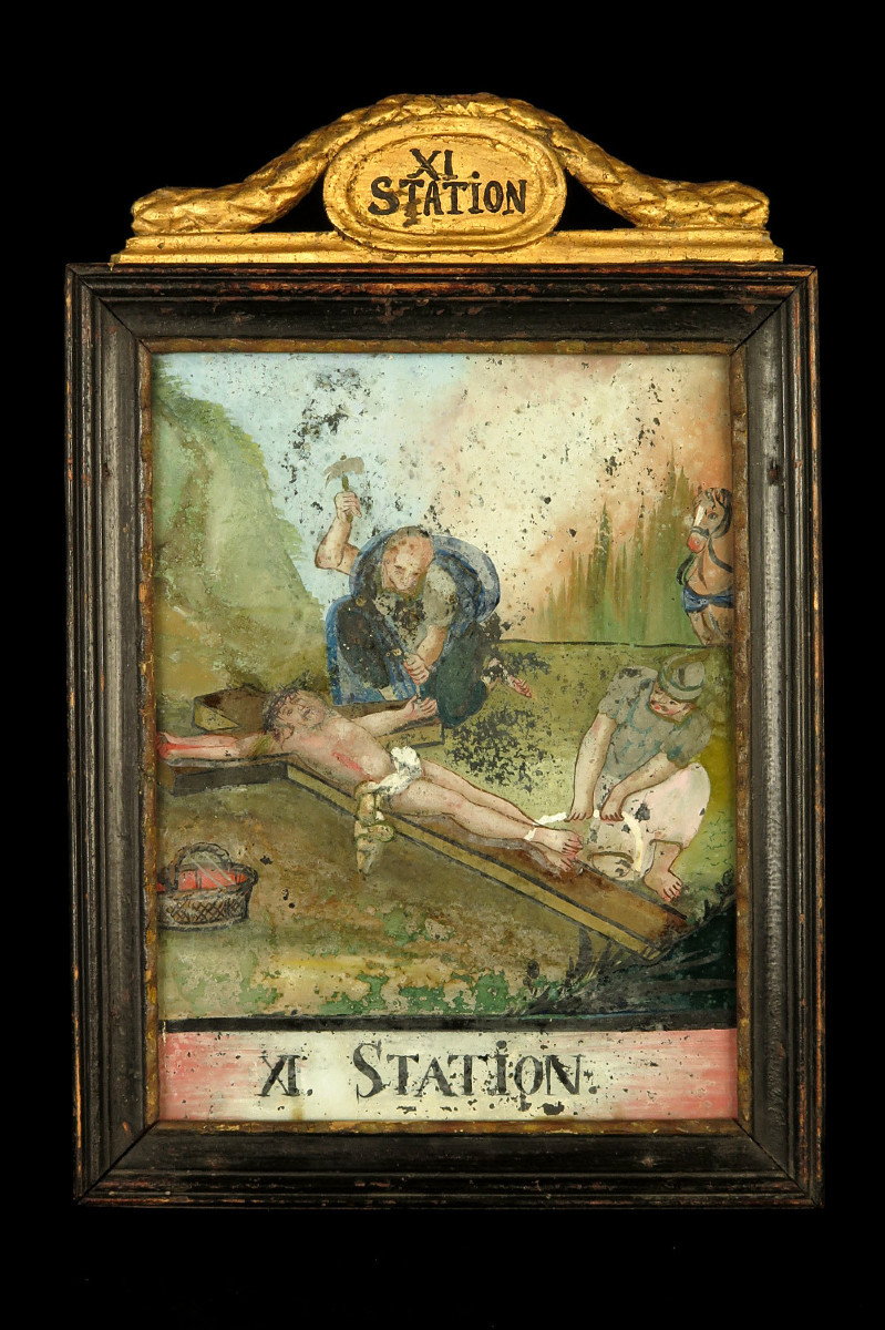 Rare Stations Of The Cross Element, Affixed Around 1800. Painting Under Glass, Crucifixion Of Christ