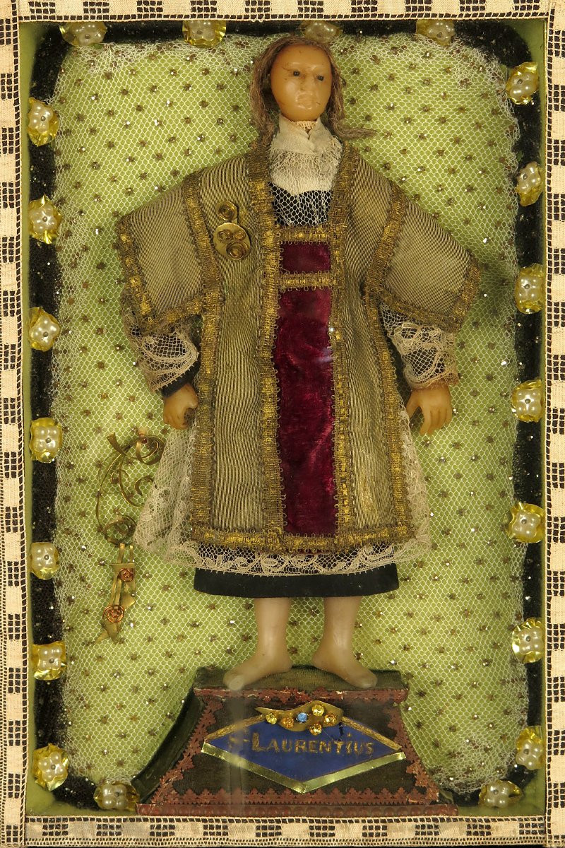 Antique Religious Diorama, Saint Lawrence Circa 1880 / Sculpture, Waxwork, Embroidery, Folk Art-photo-2