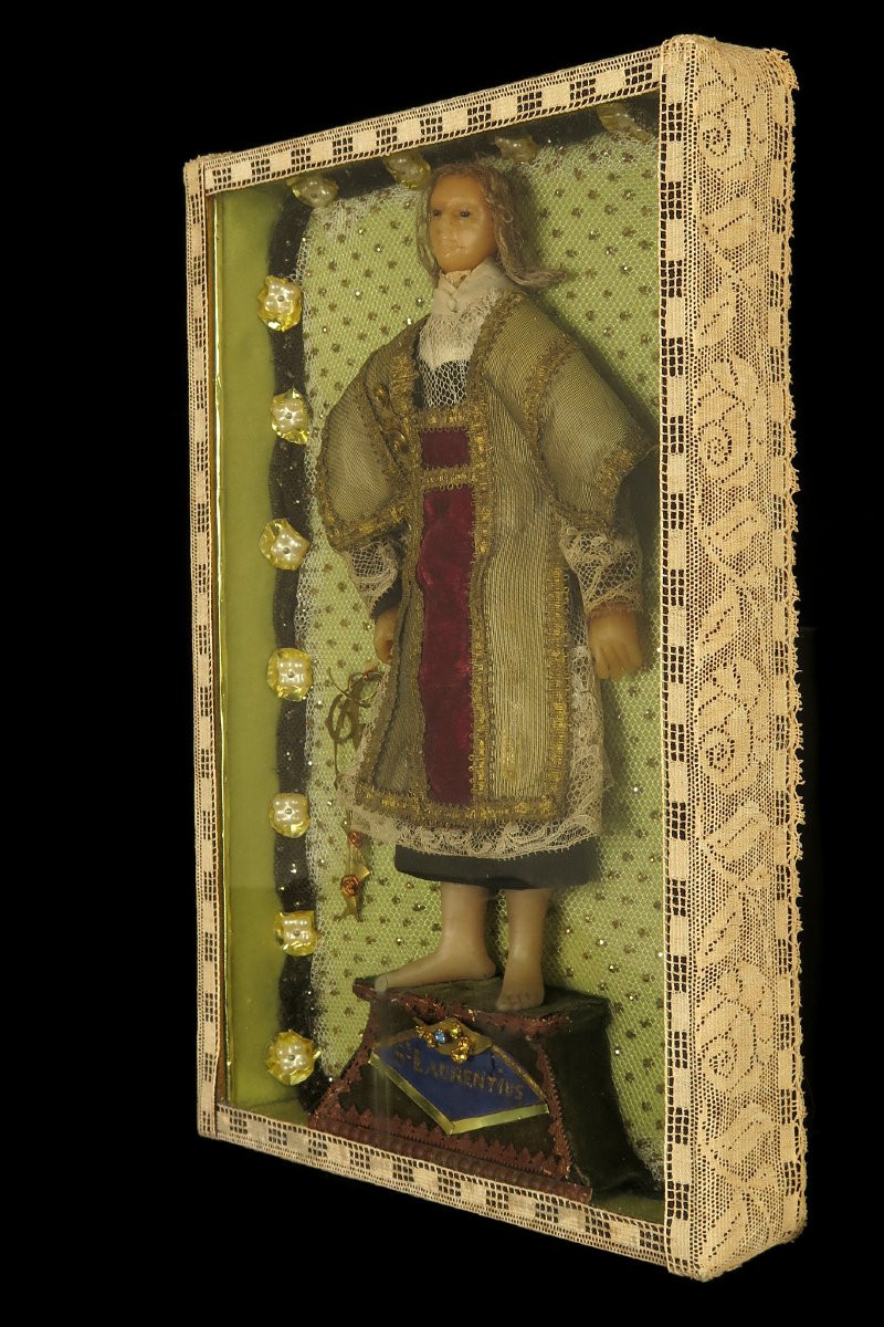 Antique Religious Diorama, Saint Lawrence Circa 1880 / Sculpture, Waxwork, Embroidery, Folk Art-photo-5