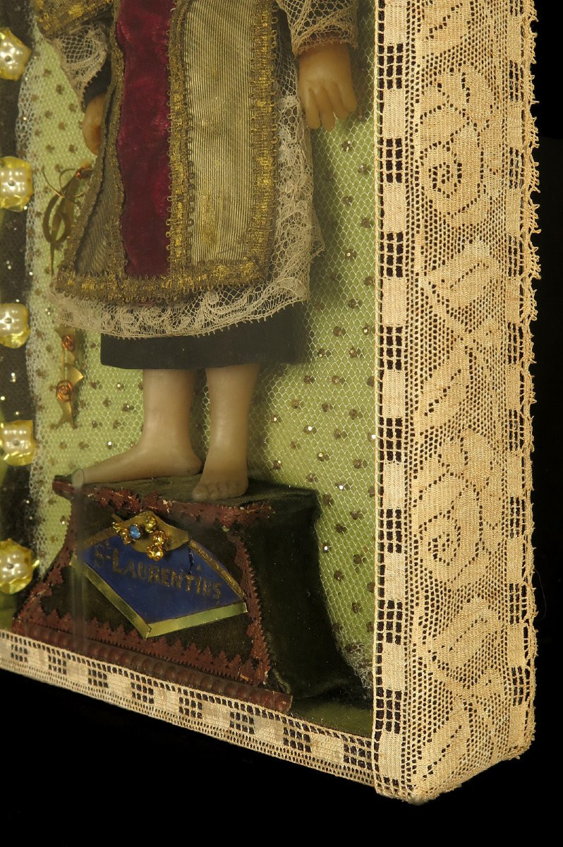 Antique Religious Diorama, Saint Lawrence Circa 1880 / Sculpture, Waxwork, Embroidery, Folk Art-photo-6