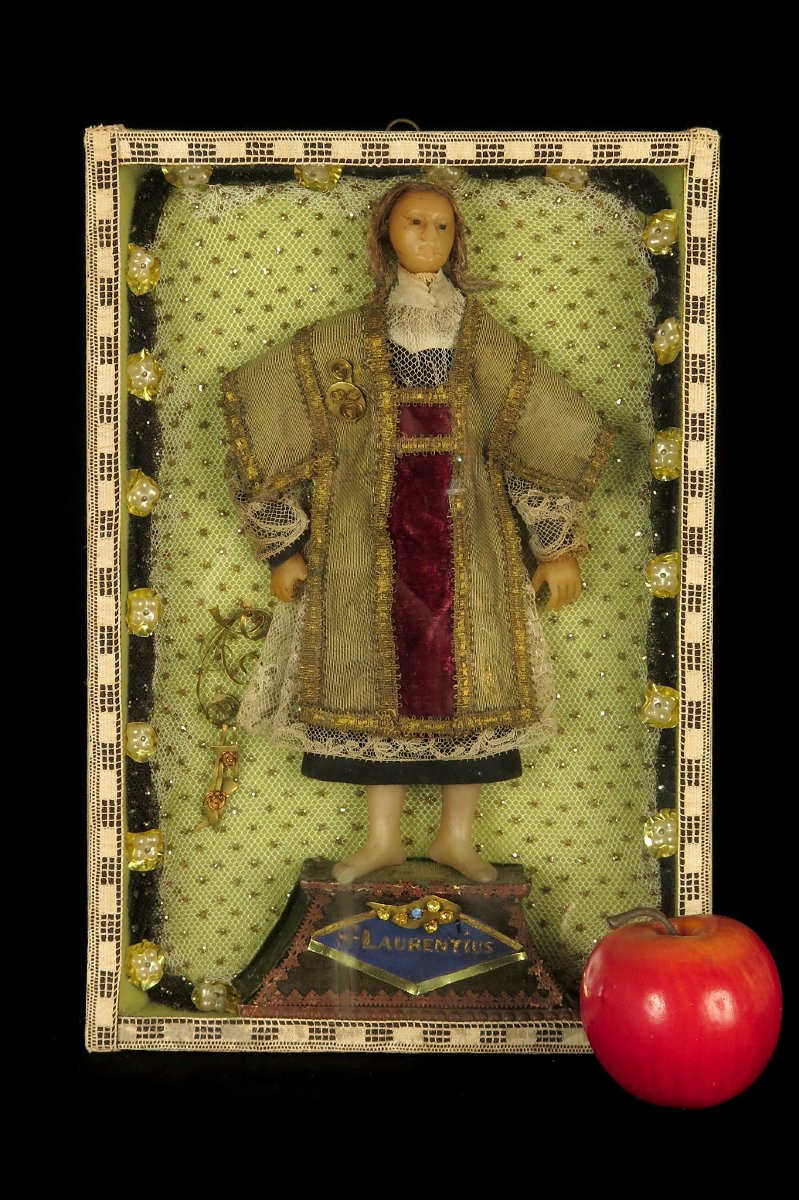 Antique Religious Diorama, Saint Lawrence Circa 1880 / Sculpture, Waxwork, Embroidery, Folk Art-photo-8
