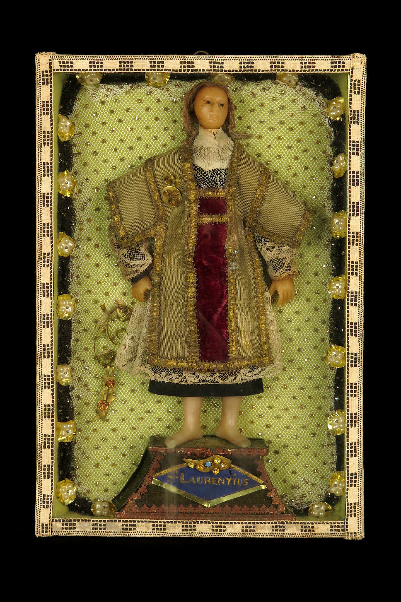 Antique Religious Diorama, Saint Lawrence Circa 1880 / Sculpture, Waxwork, Embroidery, Folk Art