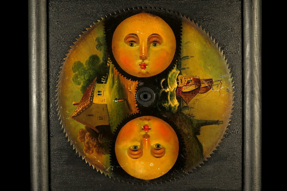 Antique Polychrome Clock Gear, Circa 1800 / Moon Painting-photo-2