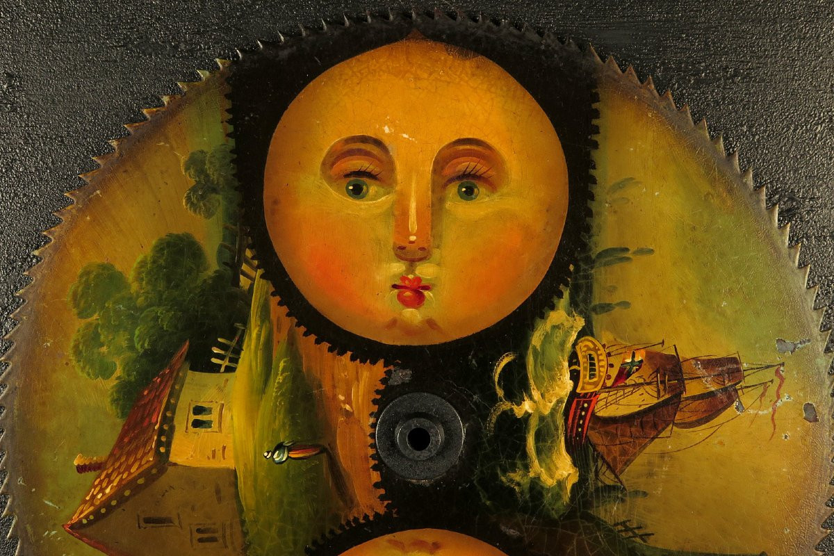 Antique Polychrome Clock Gear, Circa 1800 / Moon Painting-photo-3