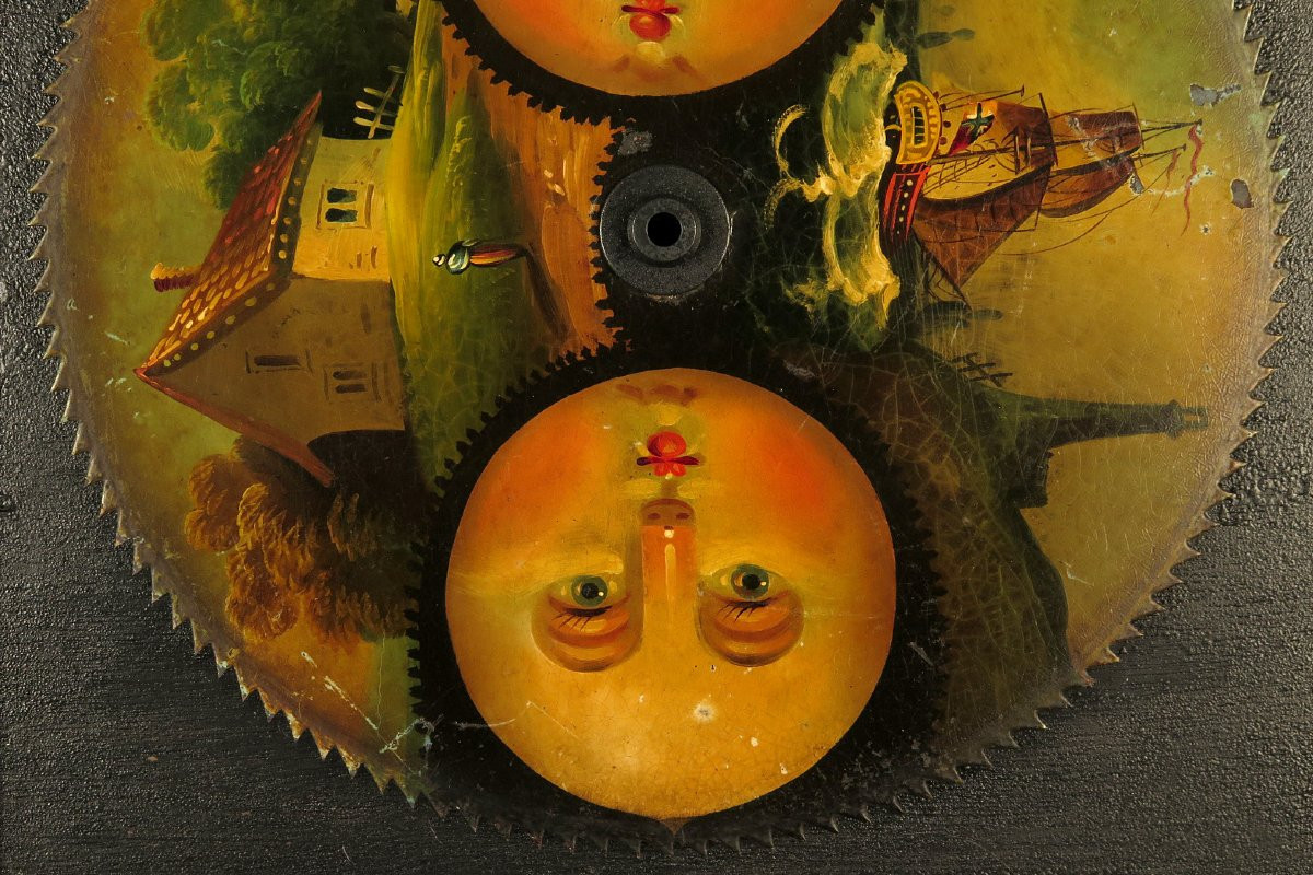 Antique Polychrome Clock Gear, Circa 1800 / Moon Painting-photo-4