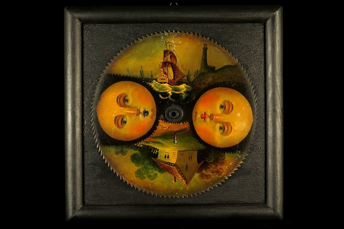 Antique Polychrome Clock Gear, Circa 1800 / Moon Painting-photo-1