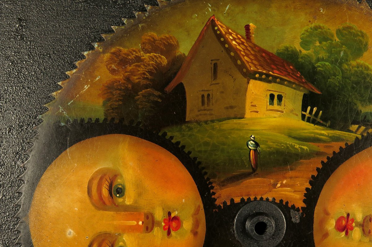 Antique Polychrome Clock Gear, Circa 1800 / Moon Painting-photo-2