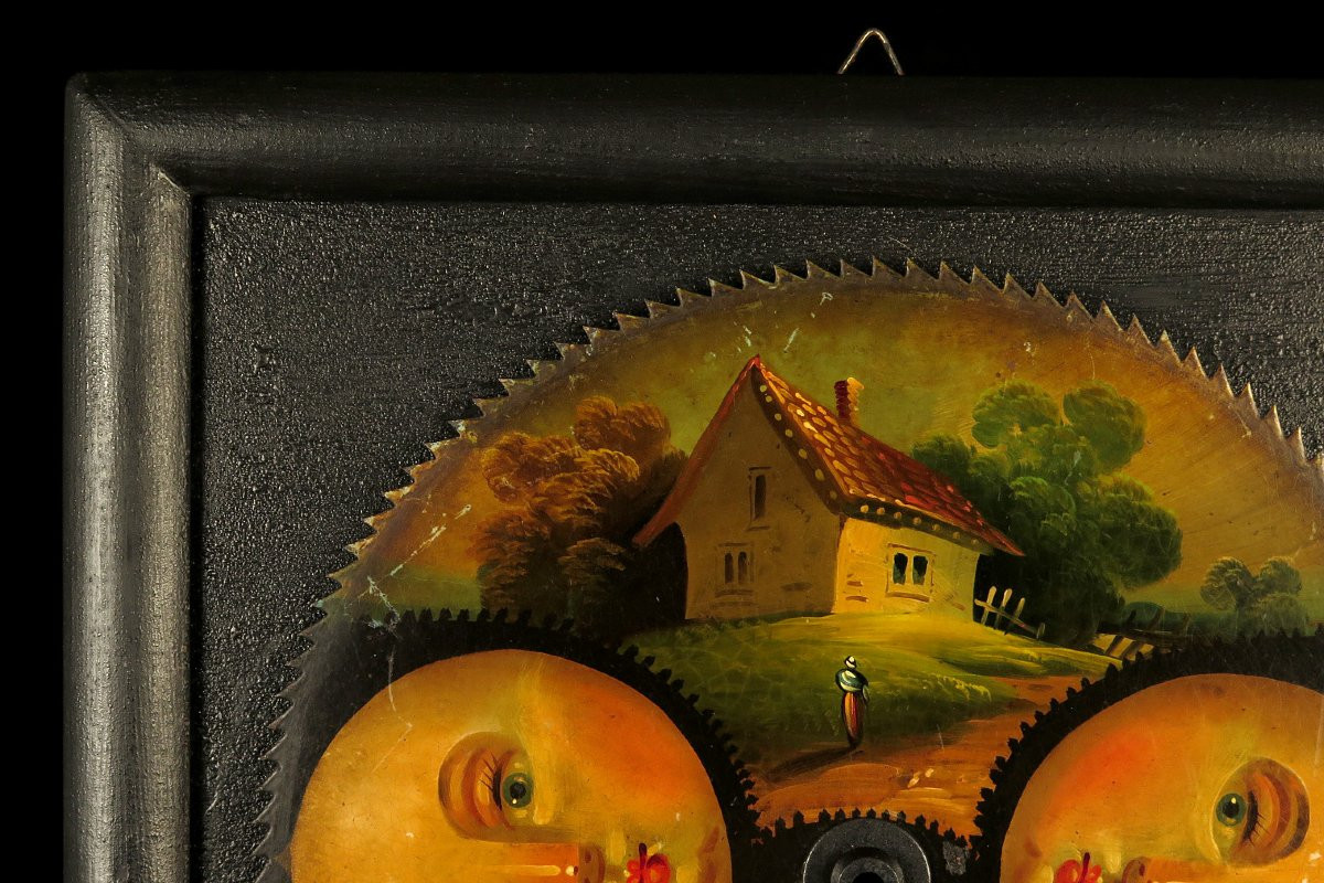 Antique Polychrome Clock Gear, Circa 1800 / Moon Painting-photo-3