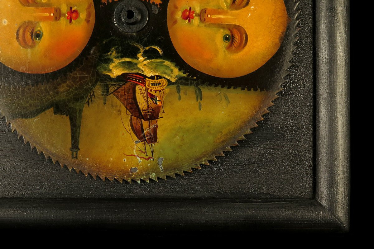 Antique Polychrome Clock Gear, Circa 1800 / Moon Painting-photo-4