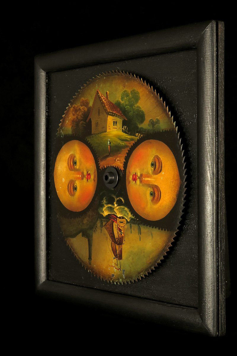 Antique Polychrome Clock Gear, Circa 1800 / Moon Painting-photo-5