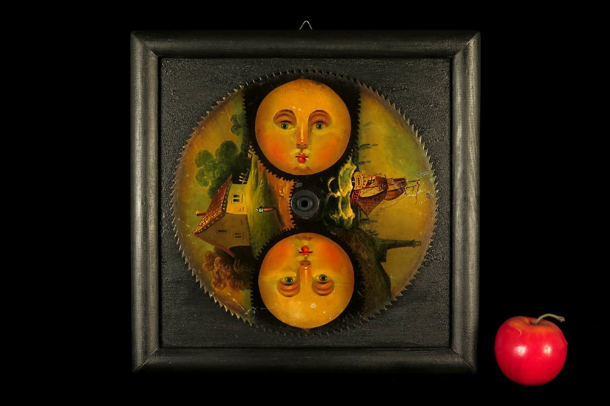 Antique Polychrome Clock Gear, Circa 1800 / Moon Painting-photo-7