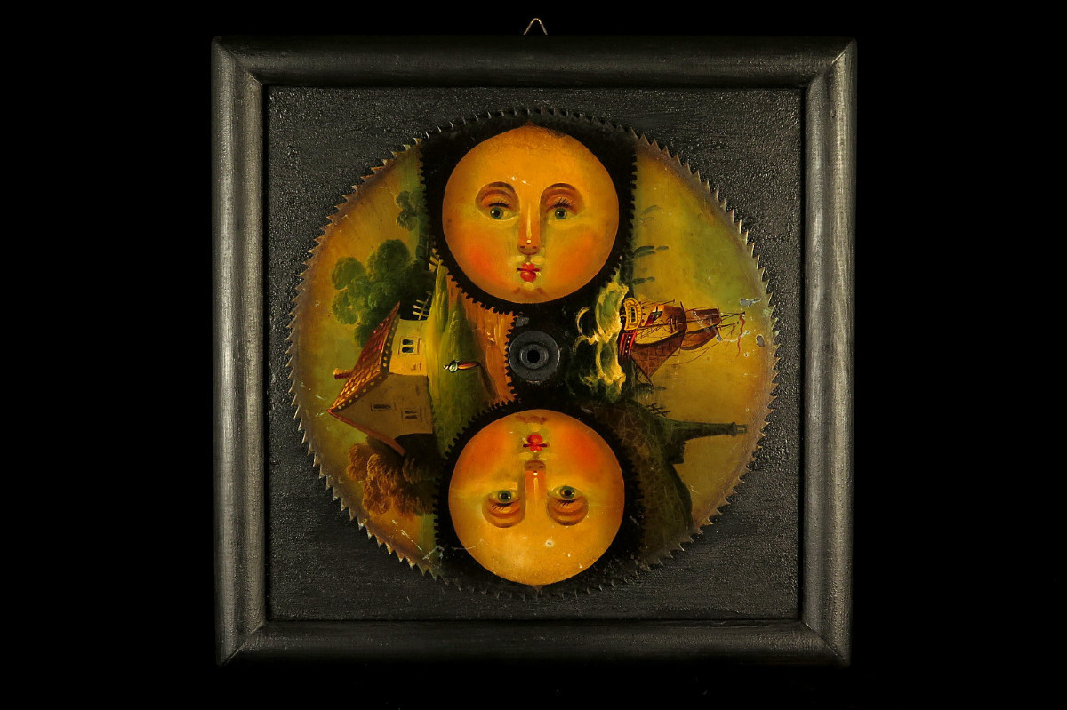 Antique Polychrome Clock Gear, Circa 1800 / Moon Painting