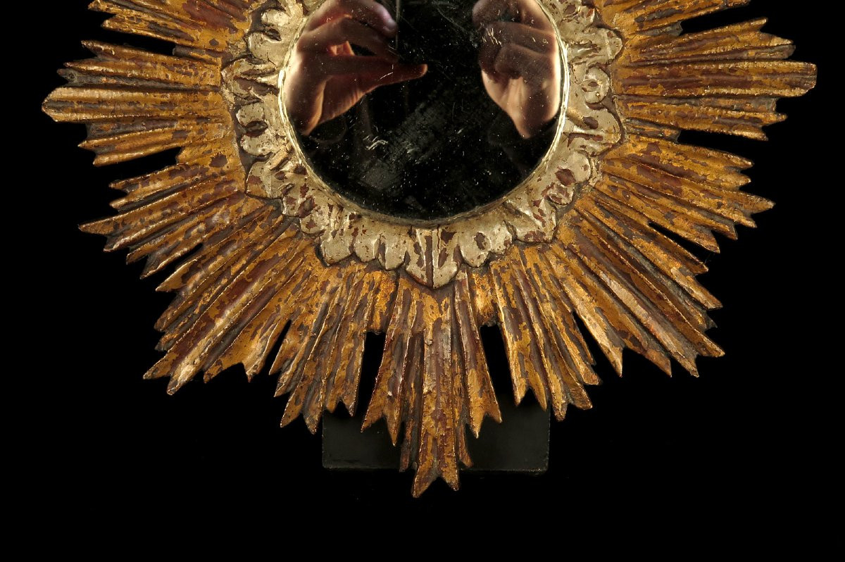 Ancien miroir soleil, art populaire religieux fin XIXeme -photo-3