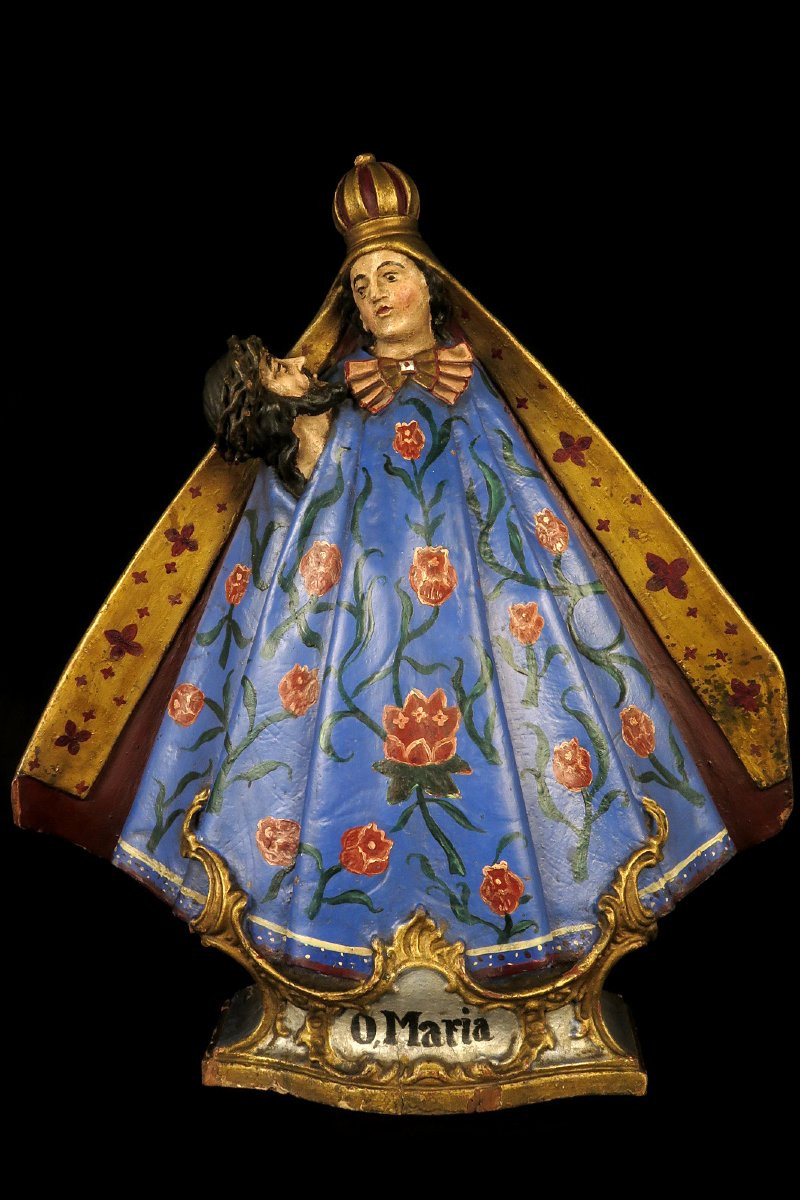 Etonnante sculpture sur bois polychrome, Vierge et le Christ vers 1880 / Cabinet Curiosités-photo-2