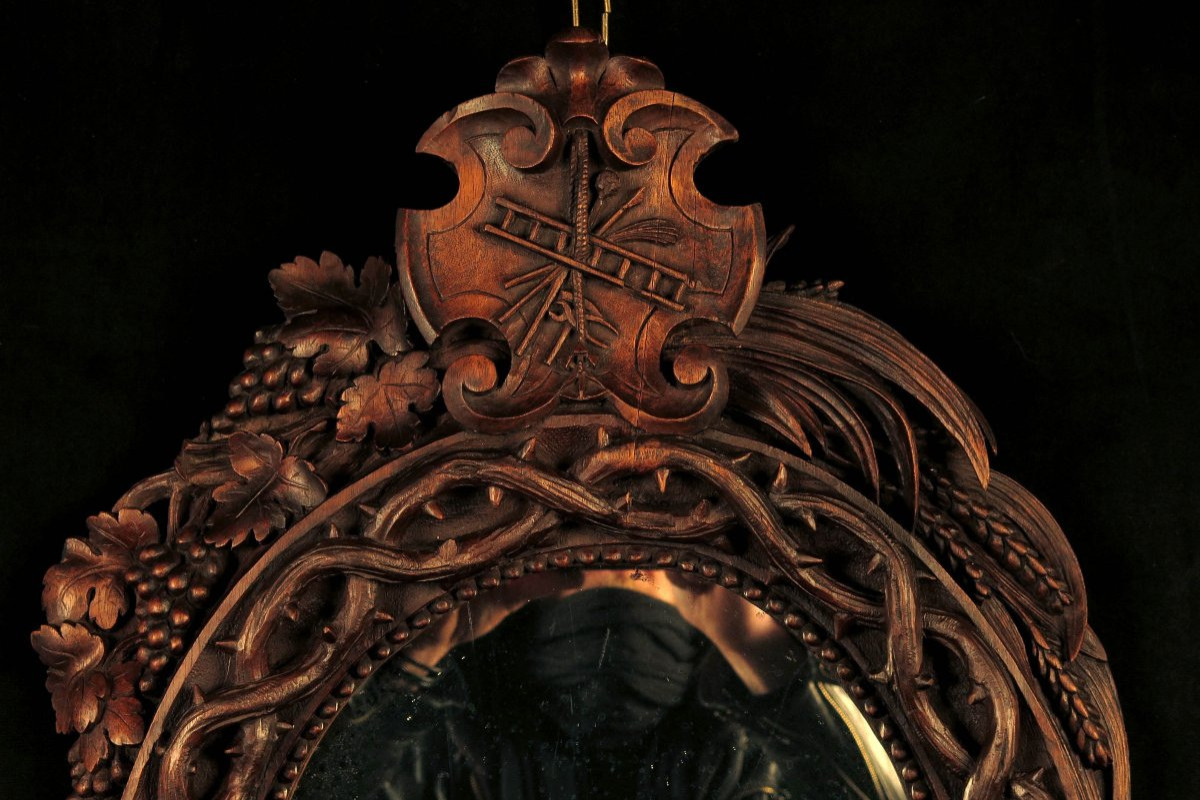 Ancien miroir en chêne sculpté, art populaire style Foret Noire-photo-2