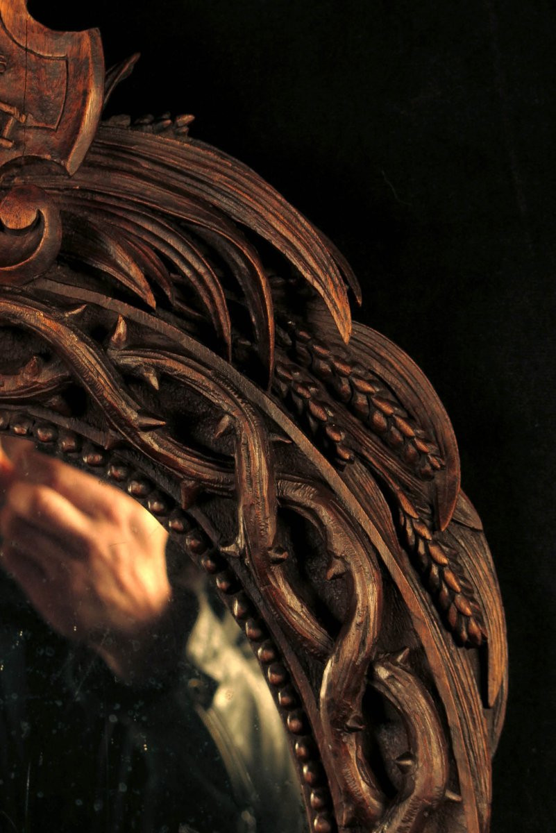 Ancien miroir en chêne sculpté, art populaire style Foret Noire-photo-2