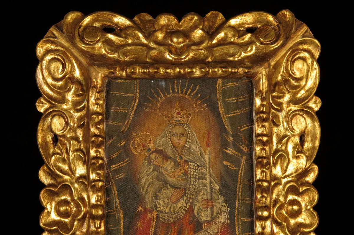 Ancienne peinture à l'huile sur toile, école de Cuzco vers 1850 / Vierge à l'Enfant-photo-2