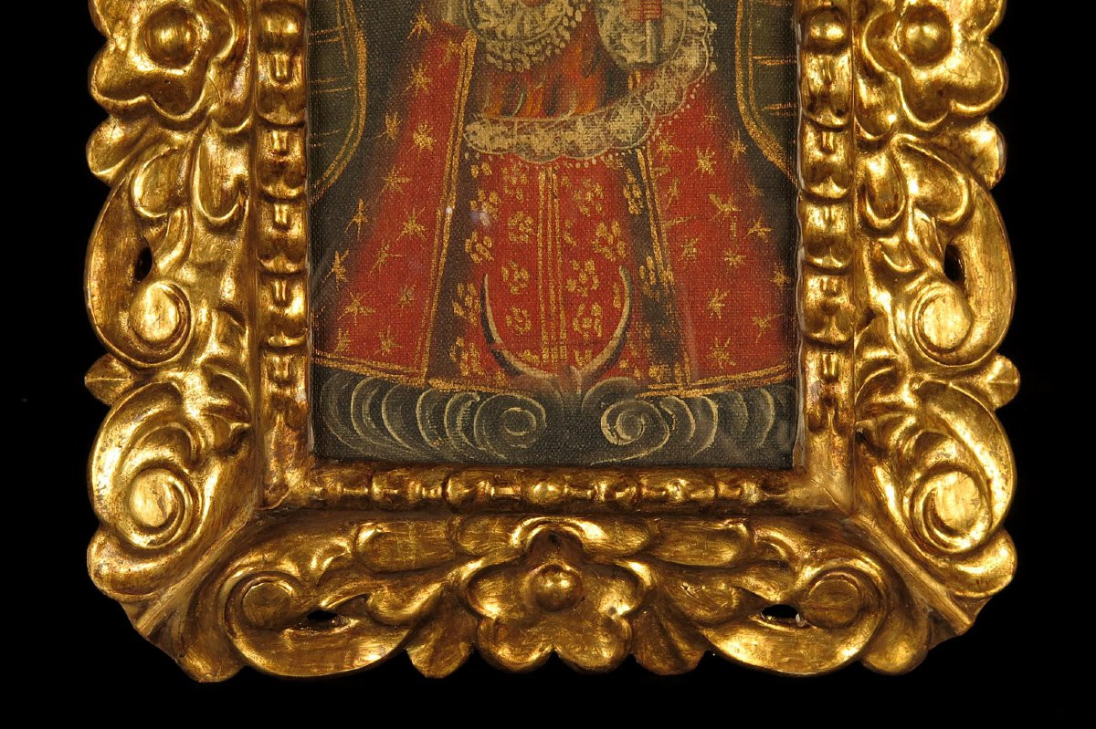 Ancienne peinture à l'huile sur toile, école de Cuzco vers 1850 / Vierge à l'Enfant-photo-3